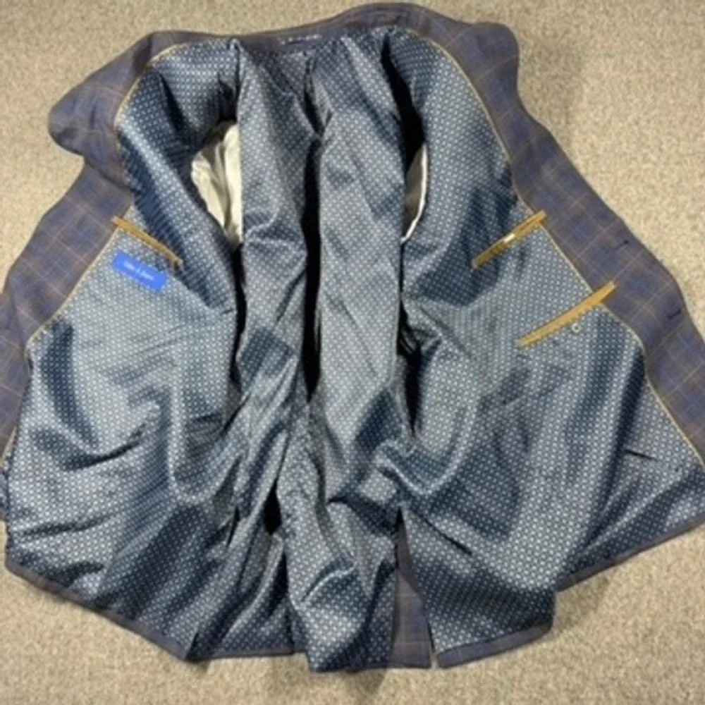 Giles & Jasper Mens Blue Plaid Wool Blend 2 Piece Suit 50L 44W 30L Blazer Pants